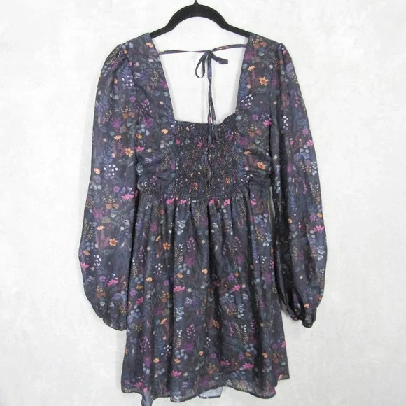 Disturbia Dark Floral Mini Dress Long Balloon Sleeve Smocked Tie Back US 4 y2K - Picture 7 of 11